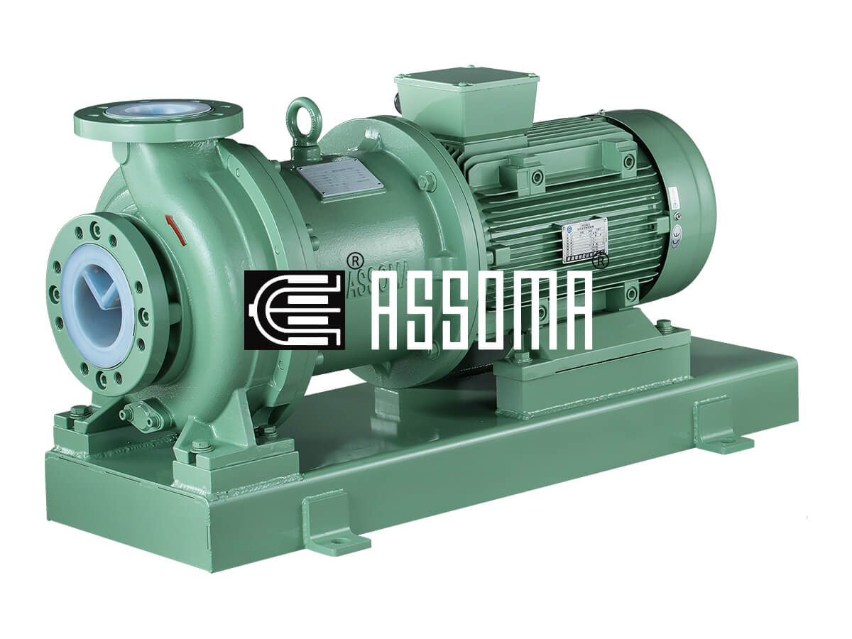 ASSOMA® Brand of Horizontal Centrifugal Pumps with TEFLON / ETFE / PFA lining Metal armor for high corrosive and high temperature Chemical and acid resistance. AME Series